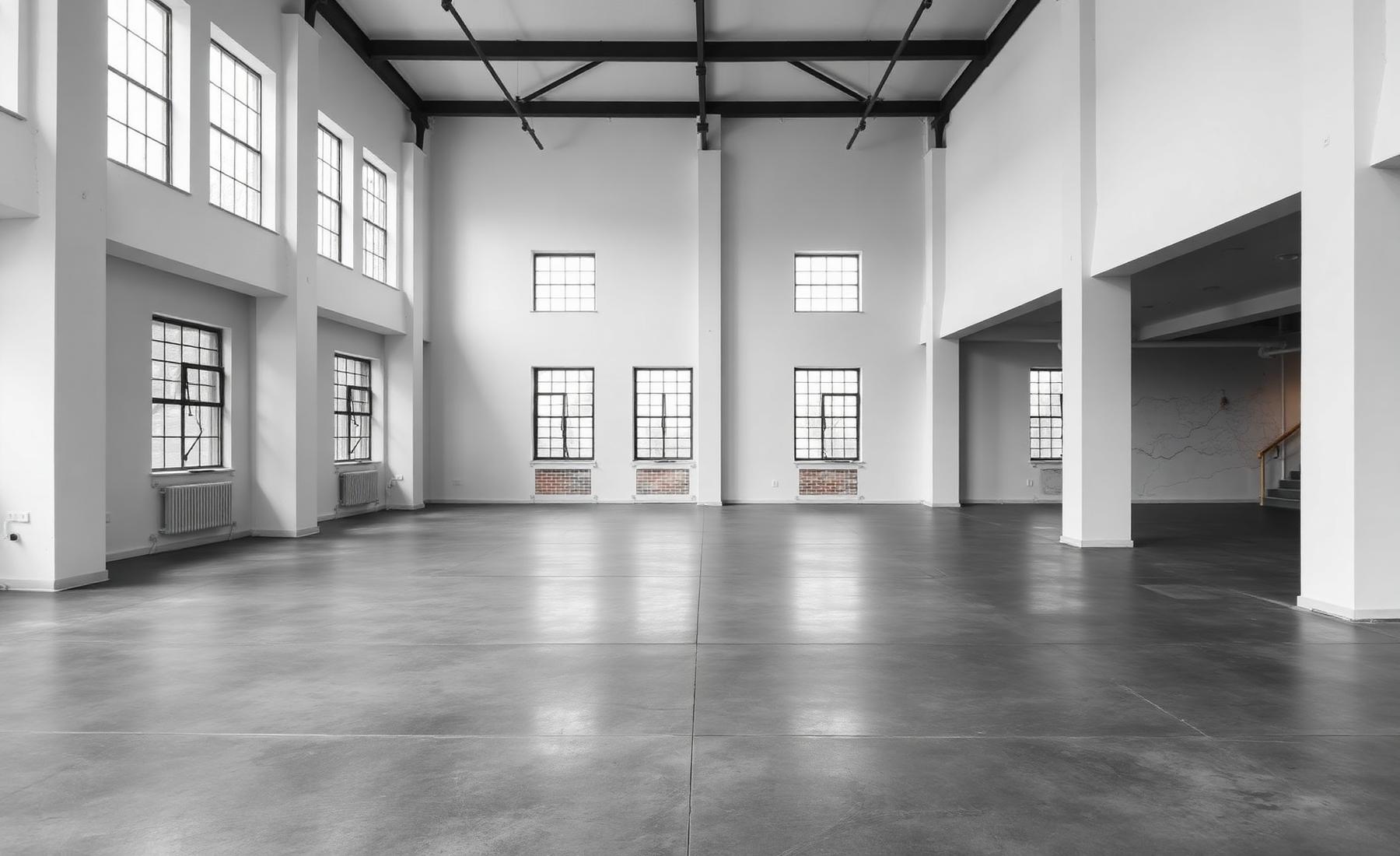 Grote open loftruimte met strakke witte wanden en grafiet betonvloer