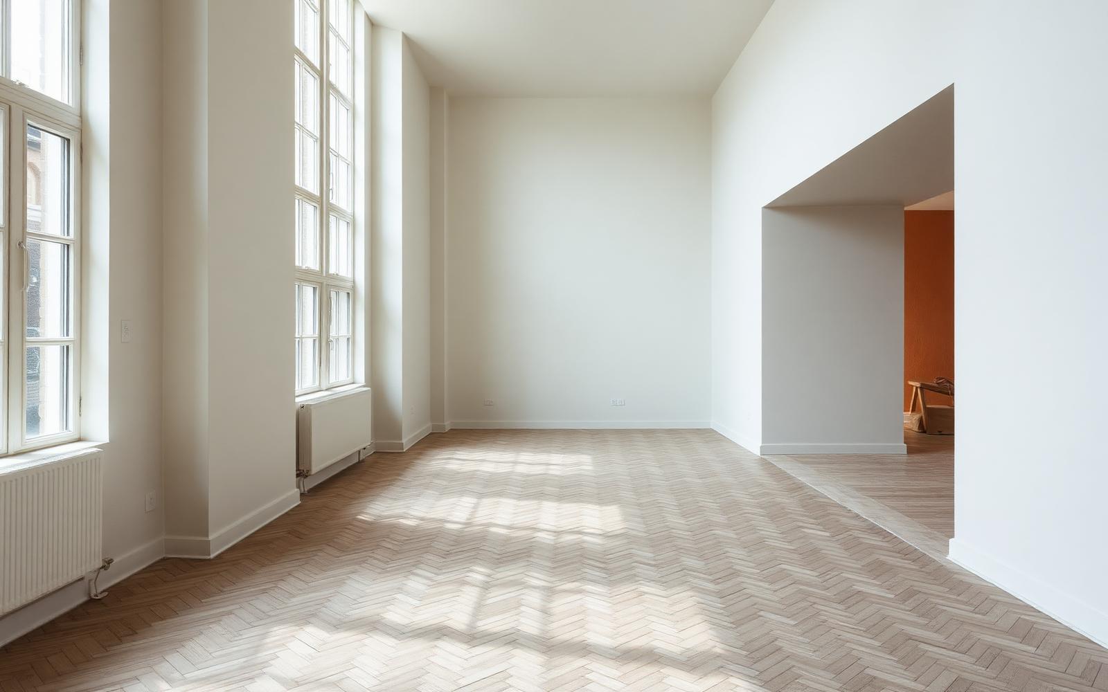 Ruim, licht Nederlands interieur met strak wit gepleisterde wanden